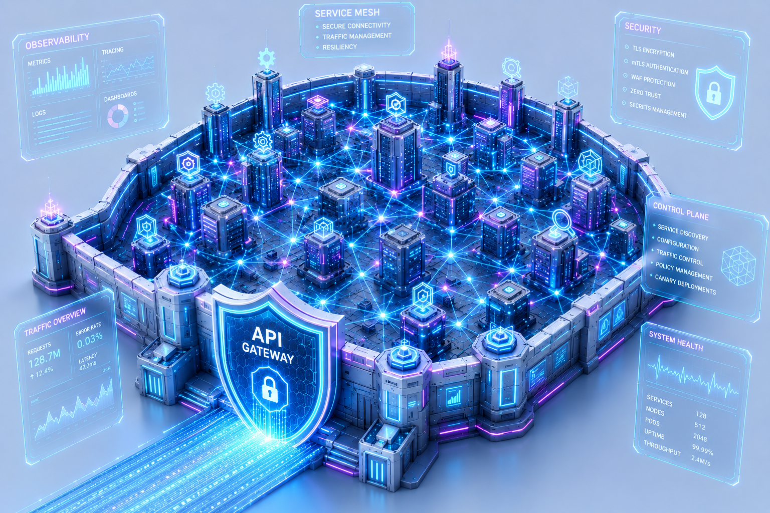 شکل 6 :دروازه API در لبه سیستم و شبکه داخلی سرویسها با Service Mesh برای امنیت، کنترل و مشاهدهپذیری