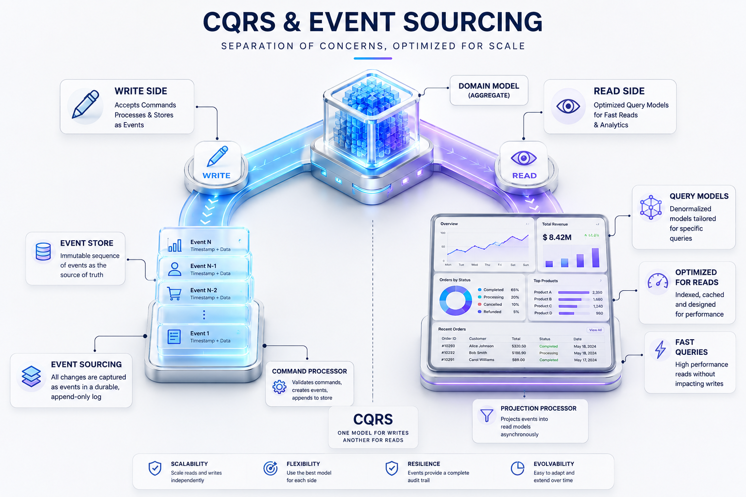 شکل 3 : نمای مفهومی از جریان داده در CQRS و Event Sourcing با مسیرهای جداگانه خواندن، نوشتن و ثبت رویدادها