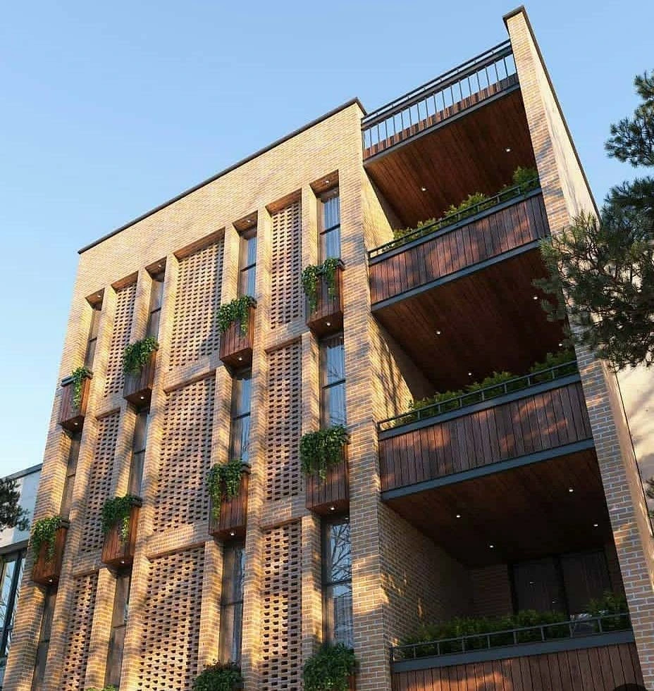 طراحی نمای ایرانی مدرن با آجر و چوب