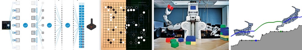 مثال هایی از استفاده یادگیری تقویتی. از چپ به راست شامل             deep Q learning network for learning ATARI, AlphaGo, Berkley robot stacking legos, physically simulated quadruped leaping over terrain 