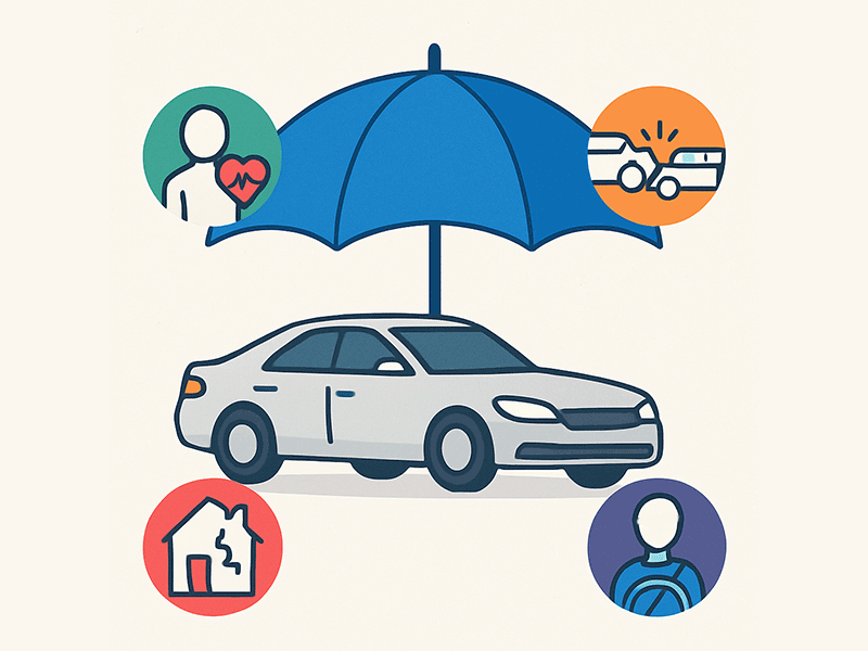 تصویری از یک خودرو و یک چتر بالای آن که نماد بیمه است و تعدادی آيکون که نماد خسارتهایی است که بیمه پرداخت میکند.