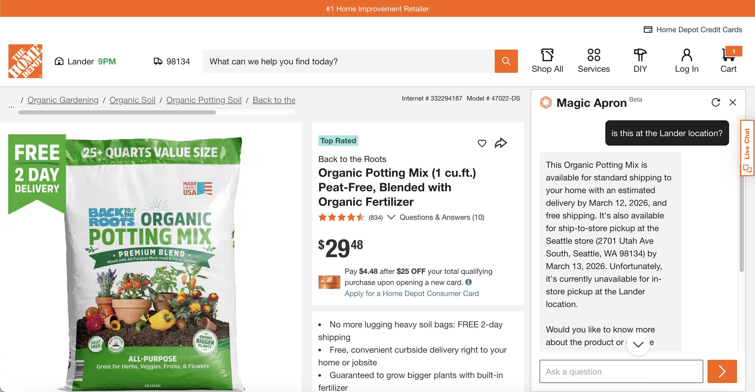 ❌ هوم‌دیپو (Home Depot): ابزار Magic Apron می‌تونست پاسخ دقیق‌تری بده، اما توی صفحه تسویه‌حساب (Checkout) اصلاً دم دست نبود.