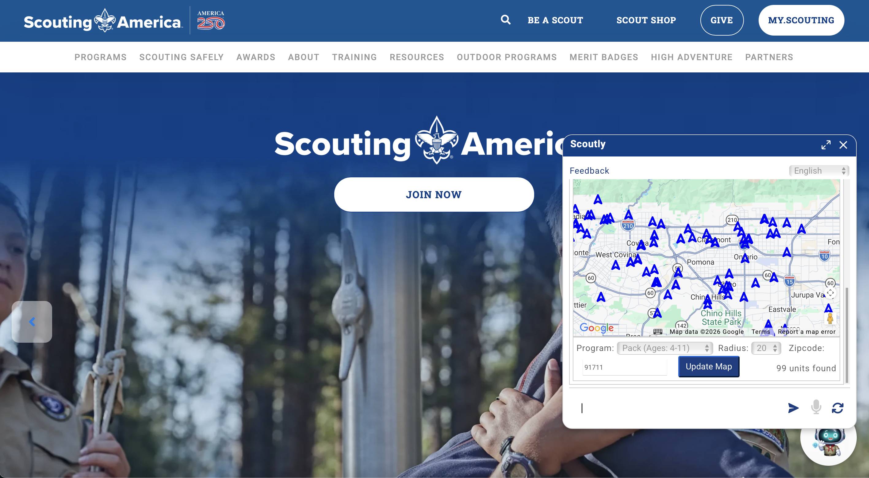 چت‌بات Scoutly (متعلق به Scouting America) یه نقشه تعاملی رو توی پنجره پیش‌فرض چت خودش نشون می‌داد. کادر نمایش (Viewport) کوچک باعث شده بود که جستجو و بررسی محتوای اون دشوار باشه.