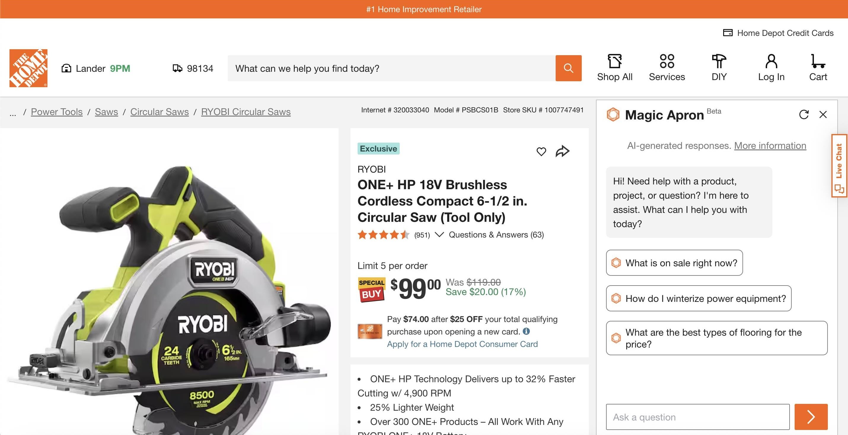❌ چت‌بات هوش مصنوعی هوم‌دیپو (Home Depot): هیچ نشانه‌ای بروز نمی‌داد که از محتوای صفحه آگاهه (Page-aware) و می‌تونه به سوالات مربوط به اون محصول جواب بده.