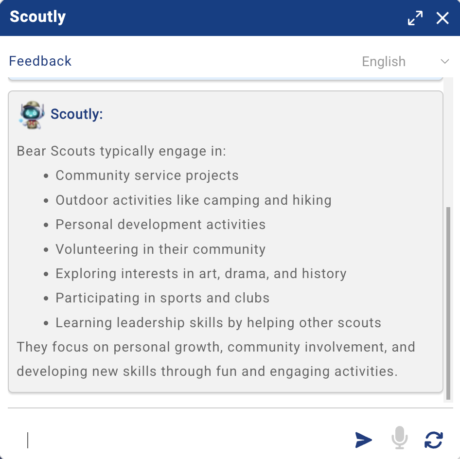 ❌ چت‌بات Scoutly (متعلق به Scouting America): به محض اینکه گفتگو شروع می‌شد، دیگه سوالات پیشنهادی قابل کلیک رو واسه ادامه مسیر نشون نمی‌داد و کاربر رو بدون هیچ راهنمایی درباره اینکه مرحله بعد چی بپرسه، رها می‌کرد.