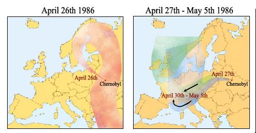 مسیر پرتوهای رادیواکتیو با استفاده از داده‌های جمع‌آوری‌شده از کشورهای اروپایی بازسازی شده است. بیشتر تشعشعات رادیواکتیو منتشر شده در ۲۶ آوریل ۱۹۸۶ اتفاق افتاد.